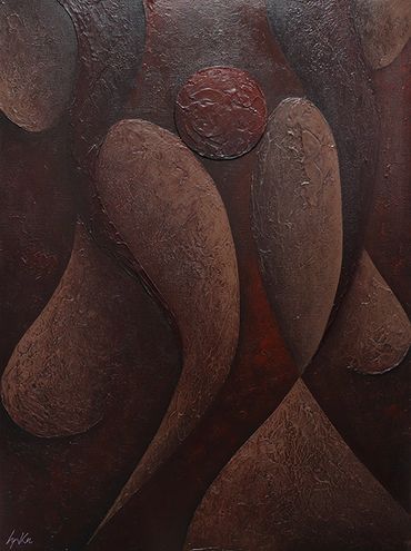 abstract nude forms balancing red circle