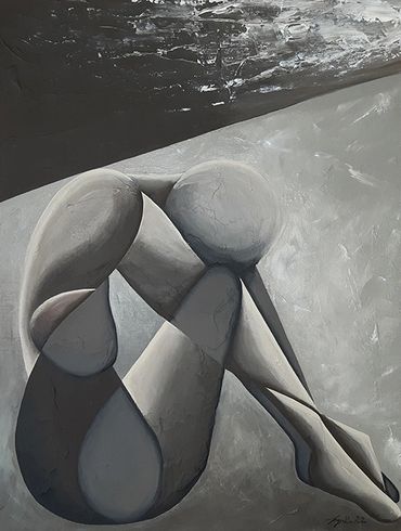 Burden - Abstract Figurative nude head down in knees. Acrylic painting on linen canvas Lynka