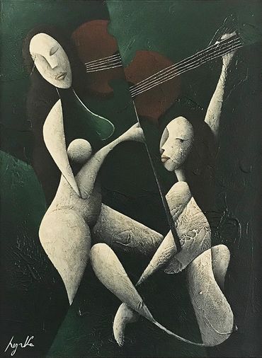 two abstract nude women playing violin as a duet