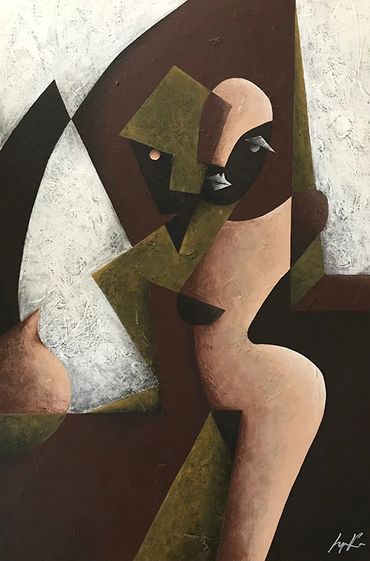 Man and woman with vase by window. Abstract nude painting by Lynka.