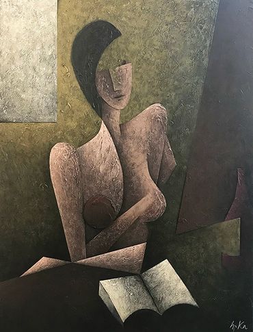 abstract nude sitting by window at table with open book