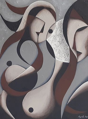 The Girl in the Mirror - two Abstract Figurative nudes. Acrylic painting on linen canvas Lynka