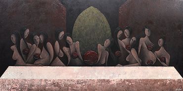abstract women nudes sitting at a long table