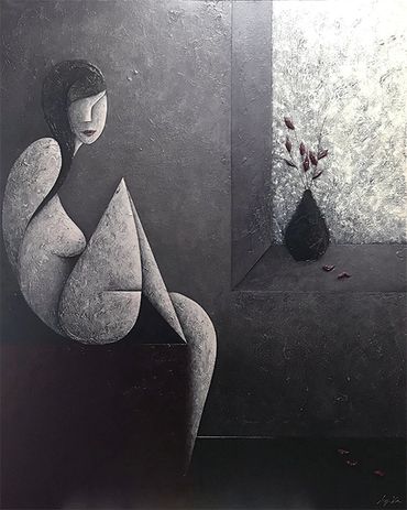 Abstract grayscale painting of a seated woman near a window with a vase.