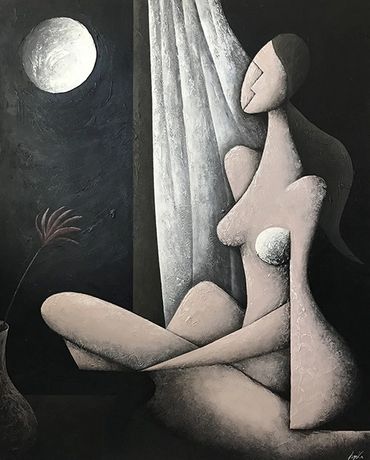 Full moon abstract girl female window nude art by Lynka