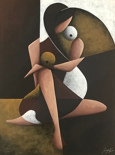 Balancing Act - Abstract Figurative nude balancing breasts. Acrylic painting on linen canvas Lynka