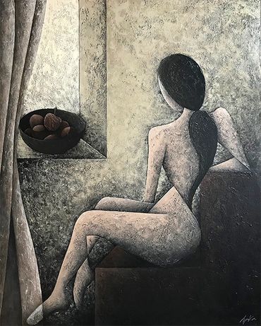 abstract nude sitting by window with curtain and bowl of fruit

