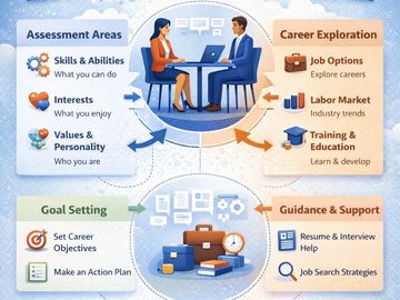 Infographic on vocational evaluation and career counseling steps.