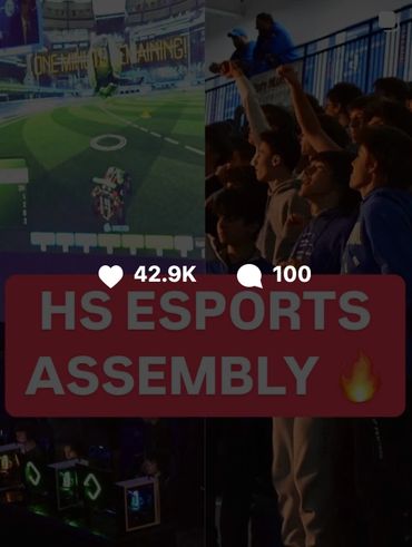 High school esports assembly with gaming and cheering students.