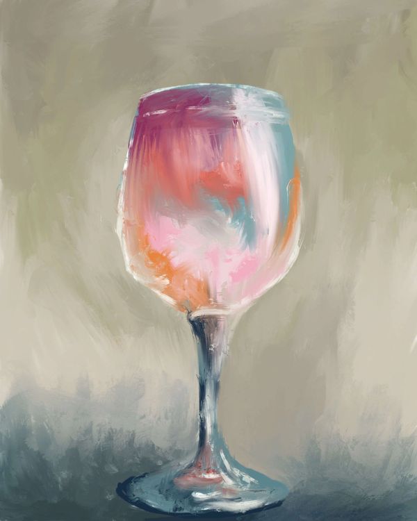 Impressionistic painting of a wine glass with vibrant colors.