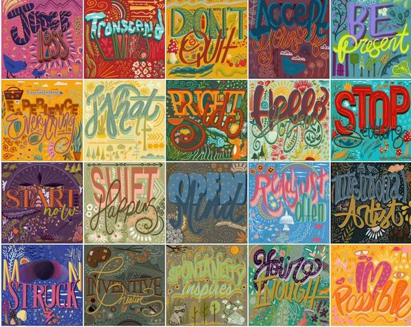 Colorful motivational quotes in artistic typography with nature elements.