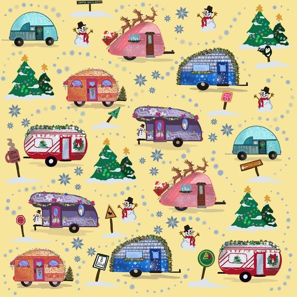 Festive holiday camper vans, Christmas trees, and snowmen on a cheerful pattern.