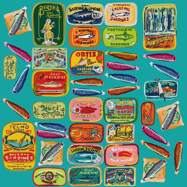 Colorful illustration of various sardine and mackerel tin labels and fish on a teal background.