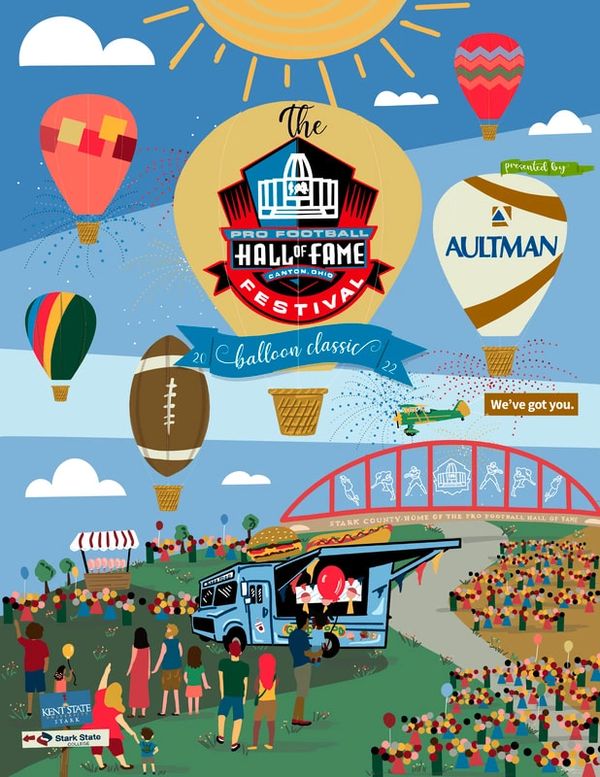 Colorful hot air balloons at the Pro Football Hall of Fame Festival 2022 with a lively crowd and food truck.