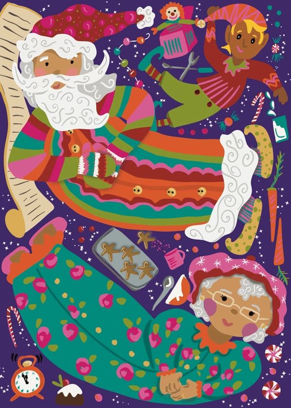 Colorful illustration of Santa, Mrs. Claus, and an elf surrounded by festive treats and holiday items.