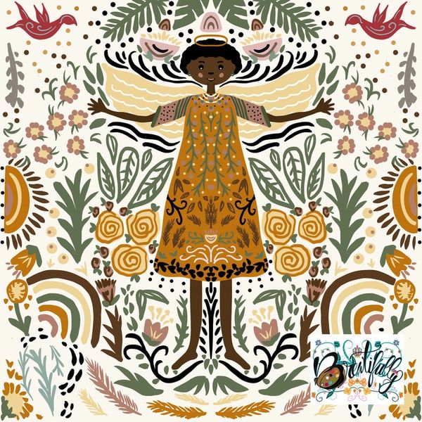 Whimsical angel with outstretched arms surrounded by colorful floral and nature motifs.