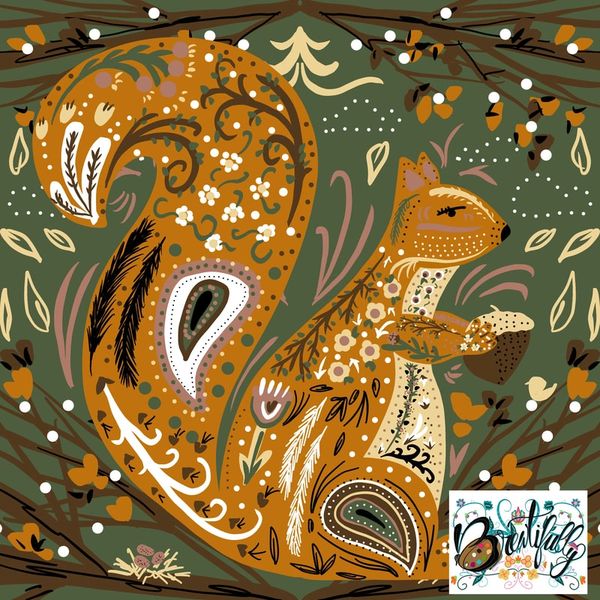 Ornate squirrel illustration with floral and leaf patterns on a green background.