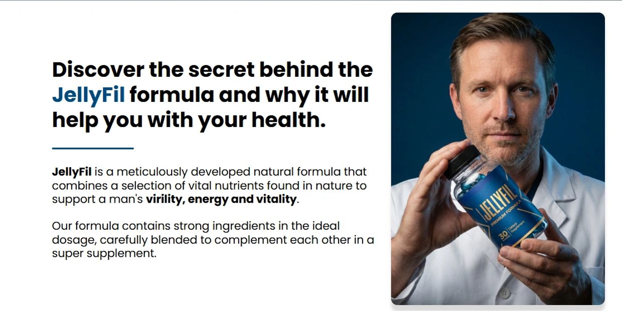 Man holding a bottle of JellyFil supplement.