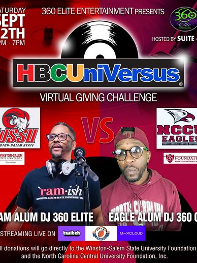 Picture of DJ 360 and logos of Winston-Salem State University and North Carolina Central University.