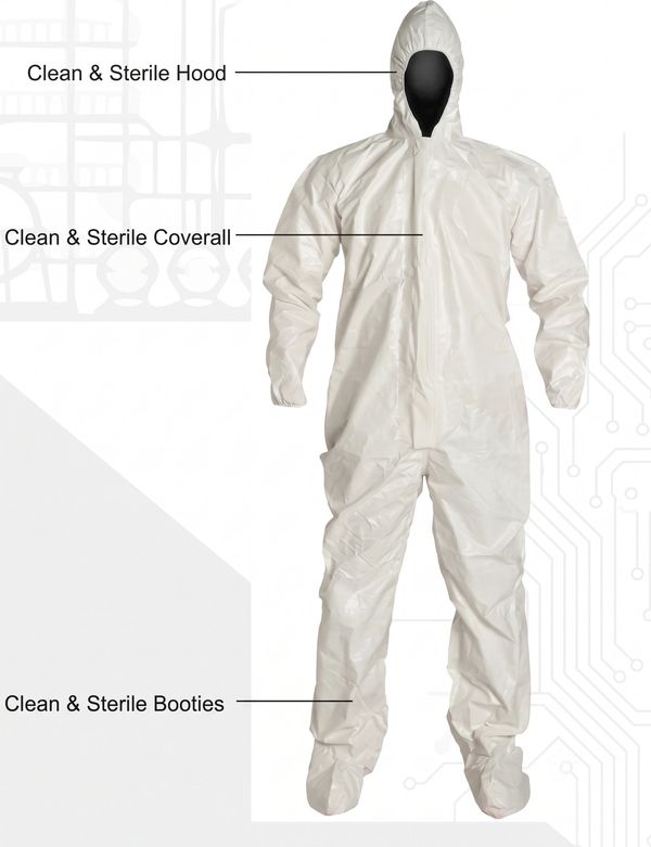 Labeled clean and sterile protective suit components.