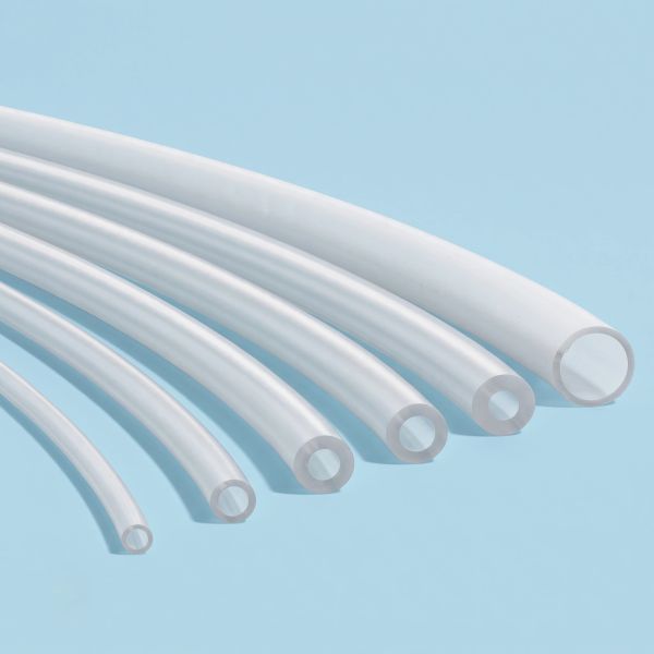 Six clear flexible tubes of different diameters.