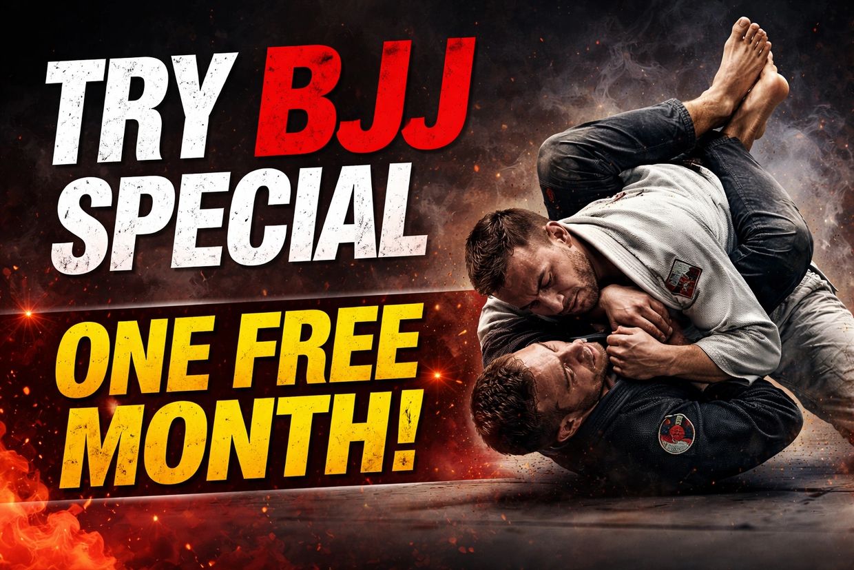 Two men practicing Brazilian Jiu-Jitsu with a promotional offer for one free month.