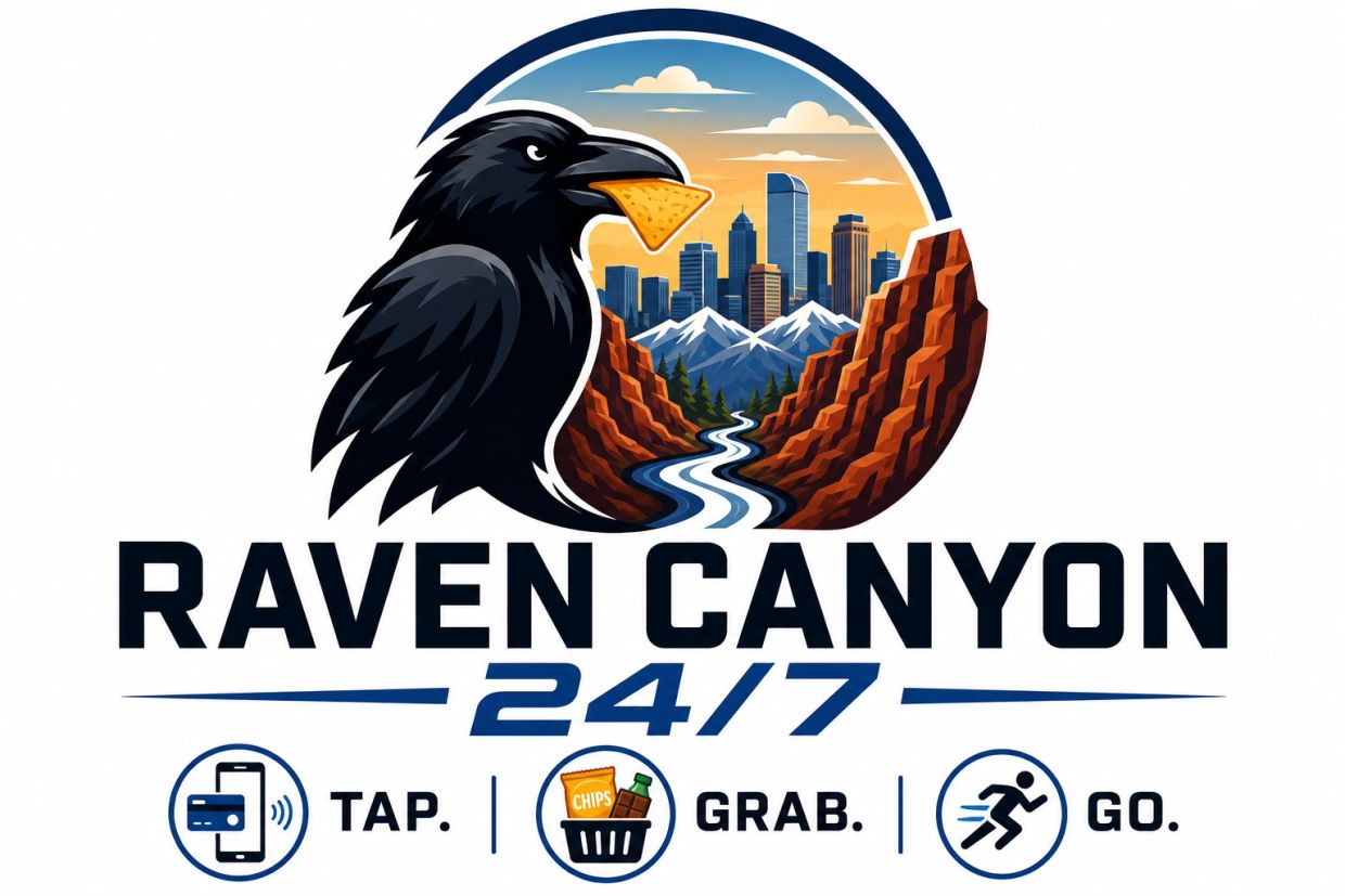 Logo of Raven Canyon 24/7 with a raven holding a chip and cityscape.