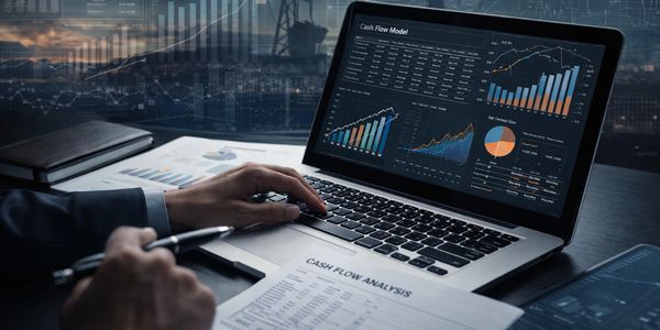 Person analyzing cash flow data on laptop and paper in a business setting.