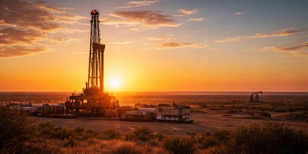 Oil drilling rig at sunset in a desert landscape.