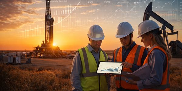 Engineers analyzing data on a tablet at an oil drilling site during sunset.