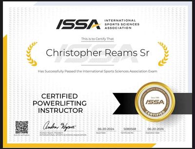 Certificate for Christopher Reams Sr as Certified Powerlifting Instructor by ISSA.