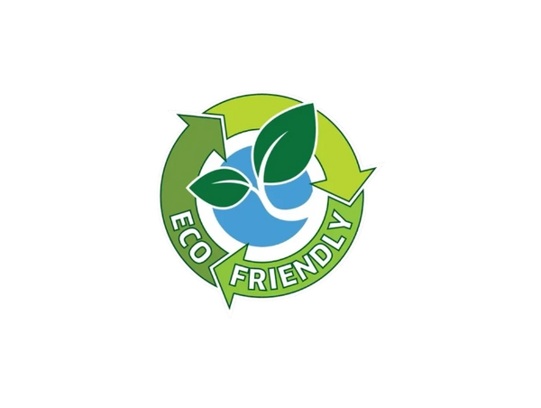 Eco-friendly logo with green leaves and recycling arrows.