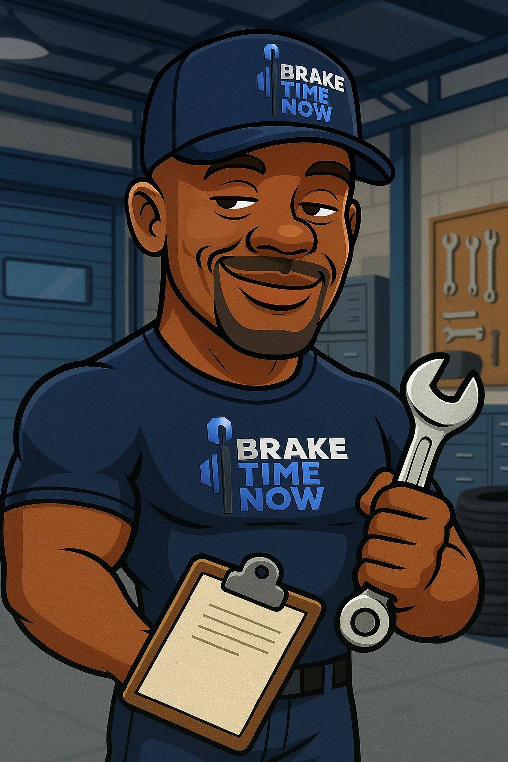 Cartoon mechanic holding wrench and clipboard, wearing 'Brake Time Now' uniform.