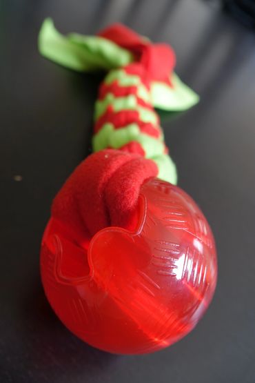 Lime green and red tug toy with a large red ball at one end of the toy.