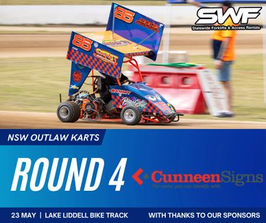 A colorful outlaw kart racing on a dirt track during Round 4 at Lake Liddell Bike Track.