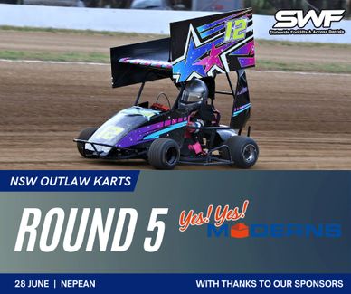 A colorful kart racing on a dirt track during NSW Outlaw Karts Round 5.