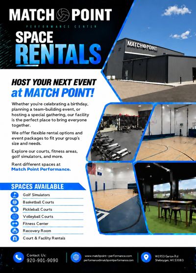 Advertisement for space rentals at Match Point Performance Center.