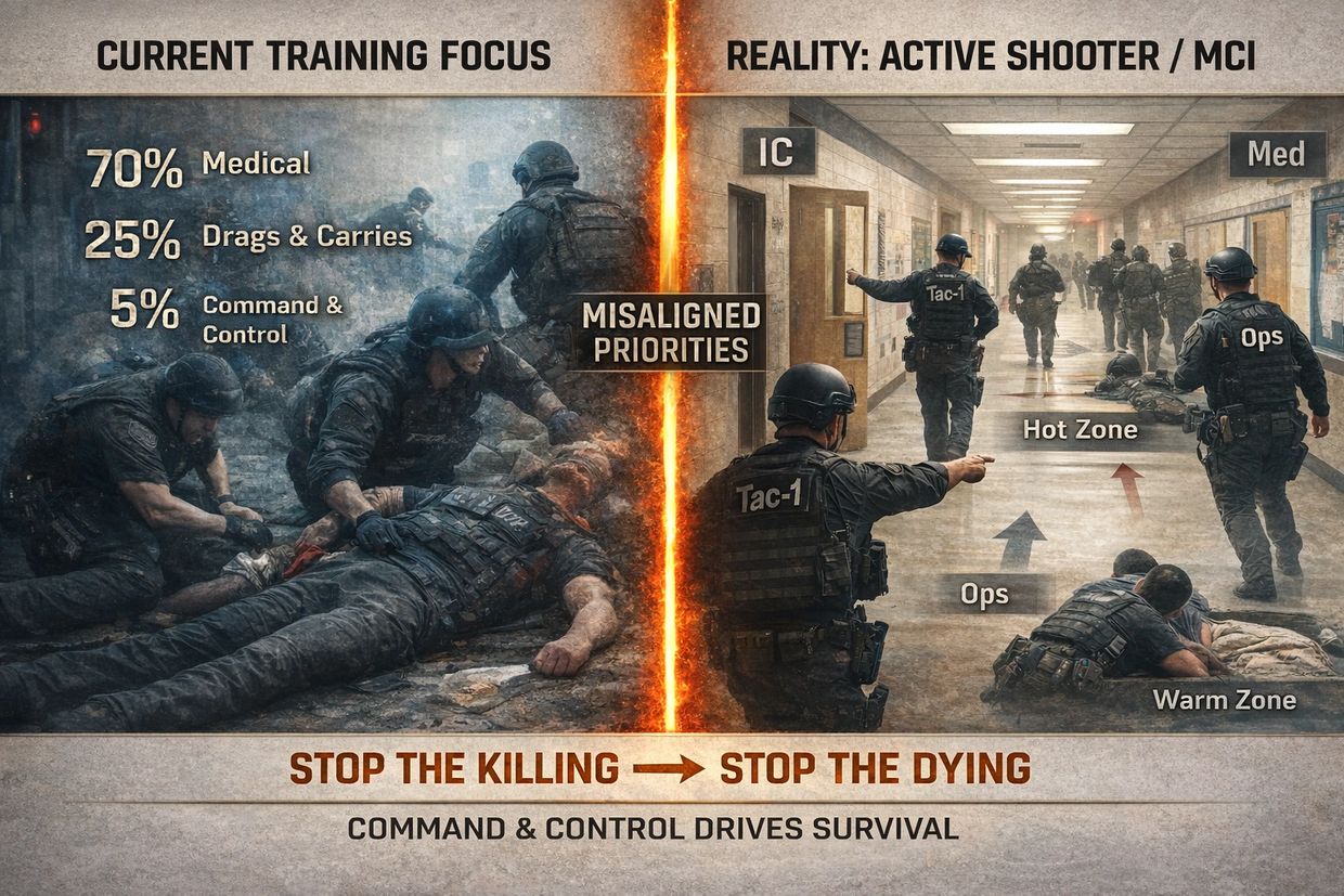 Comparison of training focus versus reality in active shooter scenarios.