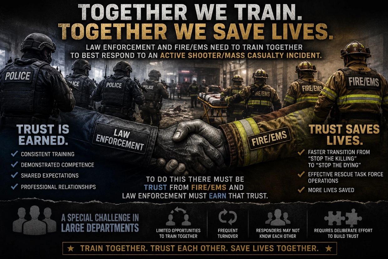 Police and fire/EMS personnel train together to save lives during active shooter incidents.