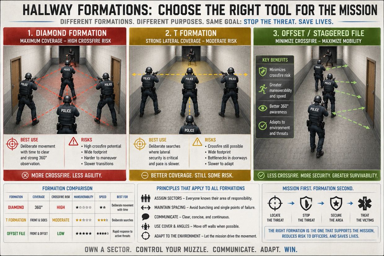 Comparison of hallway formations with benefits, risks, and best uses.