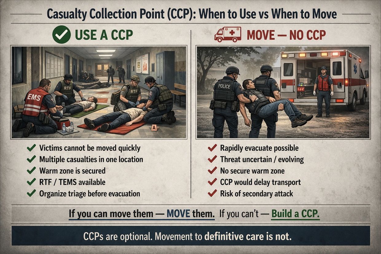 Comparison of when to use or move from a Casualty Collection Point in emergencies.