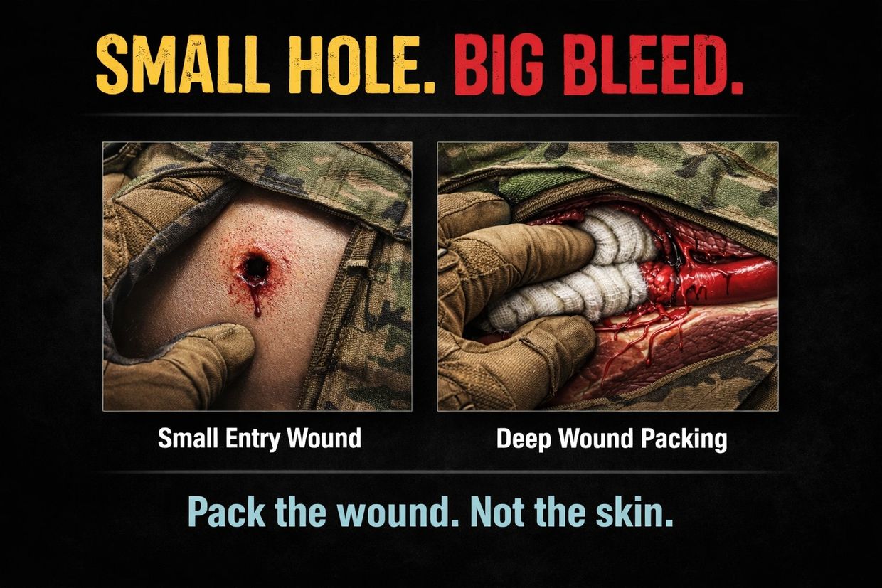 Visual guide showing deep wound packing to control bleeding from a small entry wound.