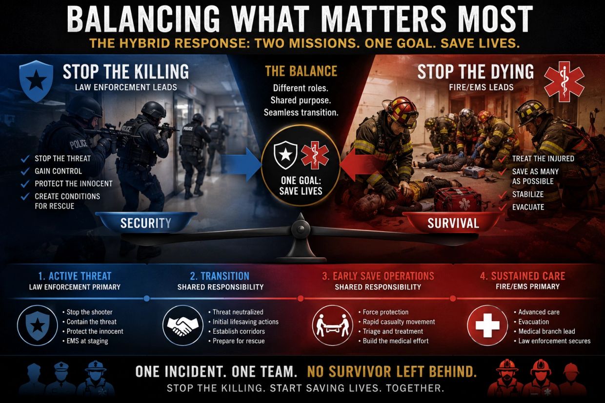 Infographic showing coordinated law enforcement and EMS response to save lives in emergencies.