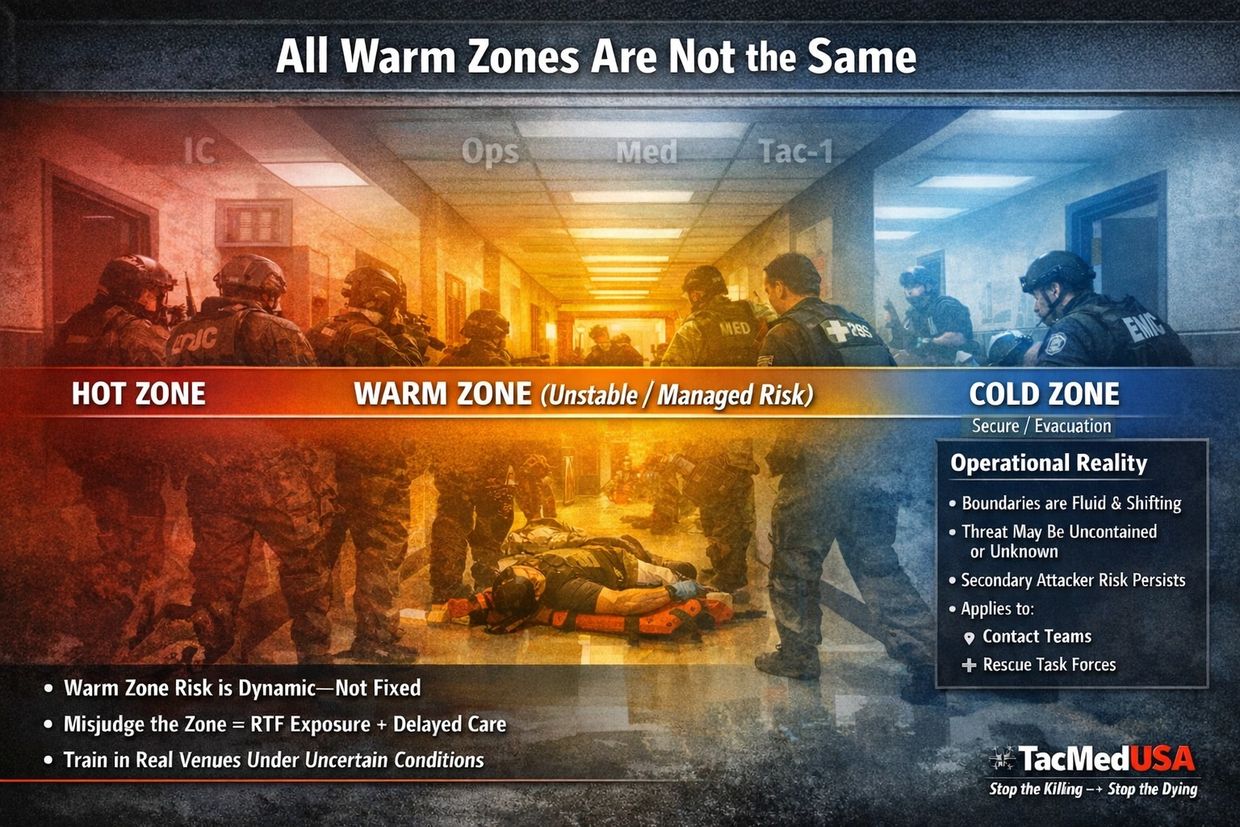 Diagram explaining differences between hot, warm, and cold zones in emergency response.