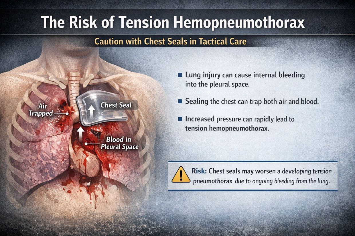Diagram showing risks of tension hemopneumothorax with chest seals in tactical care.
