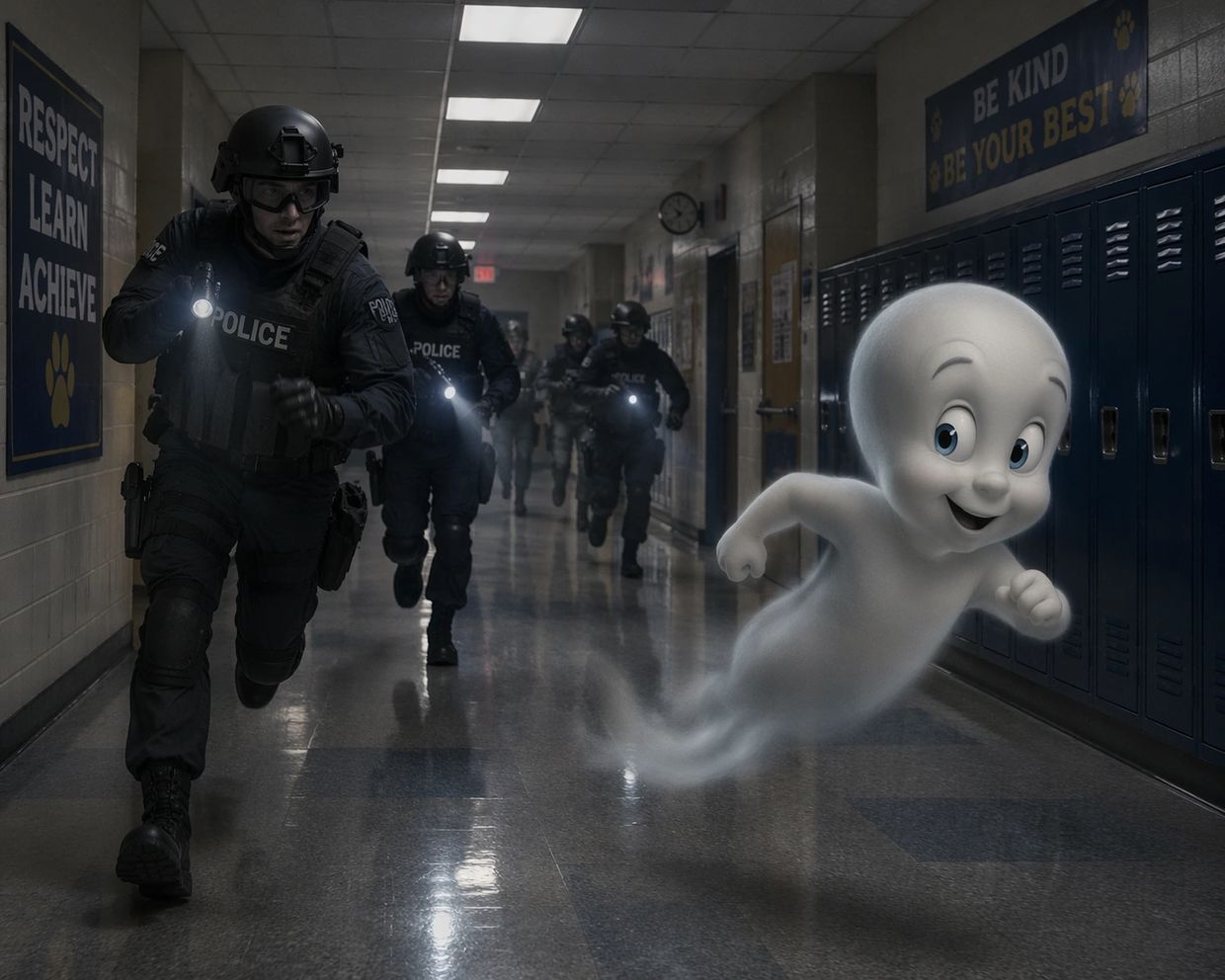 Police officers chase a smiling cartoon ghost in a school hallway.