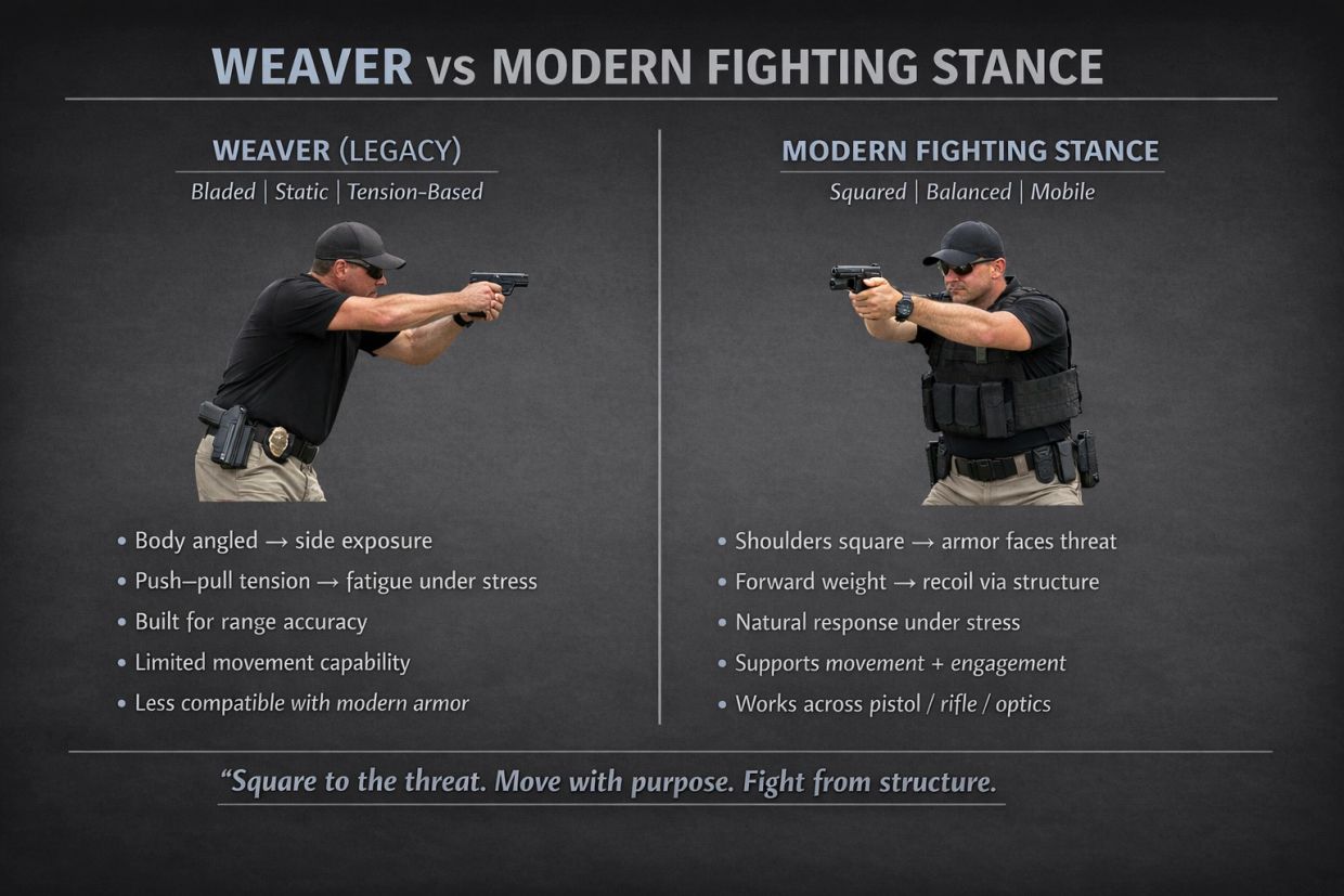 Comparison of Weaver legacy stance and modern fighting stance with key features and benefits.