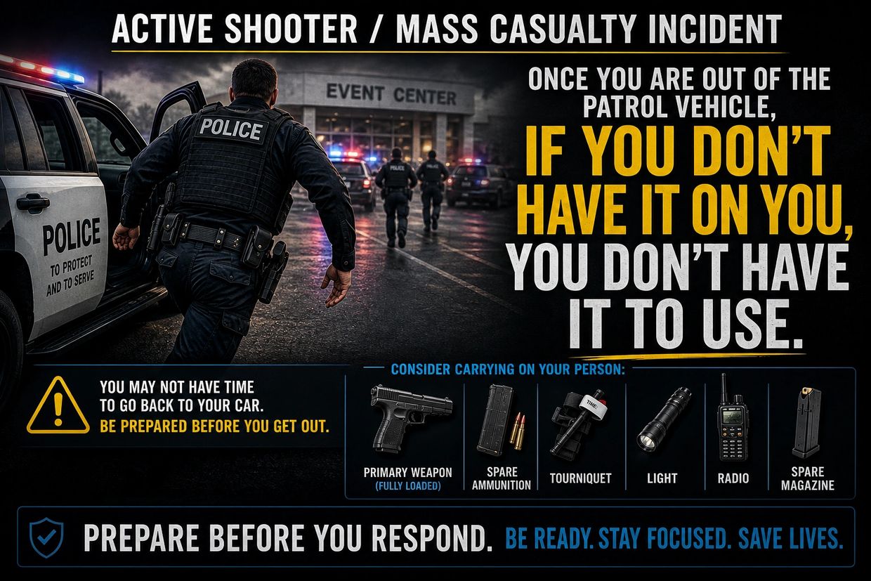 Police officer running to active shooter incident with safety tips and equipment advice.