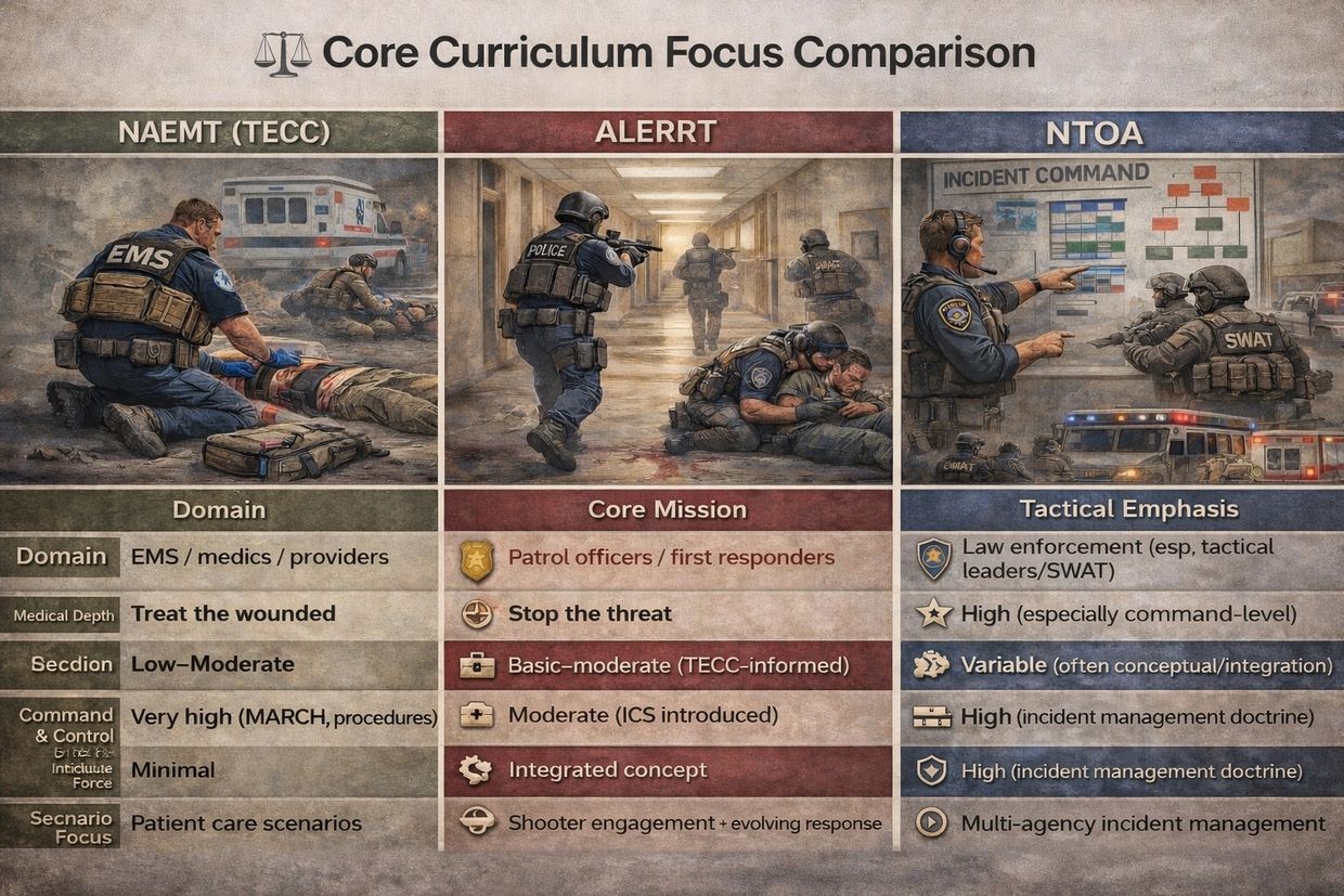 Comparison chart of core curriculum focuses for NAEMT, ALERRT, and NTOA in emergency and tactical response.