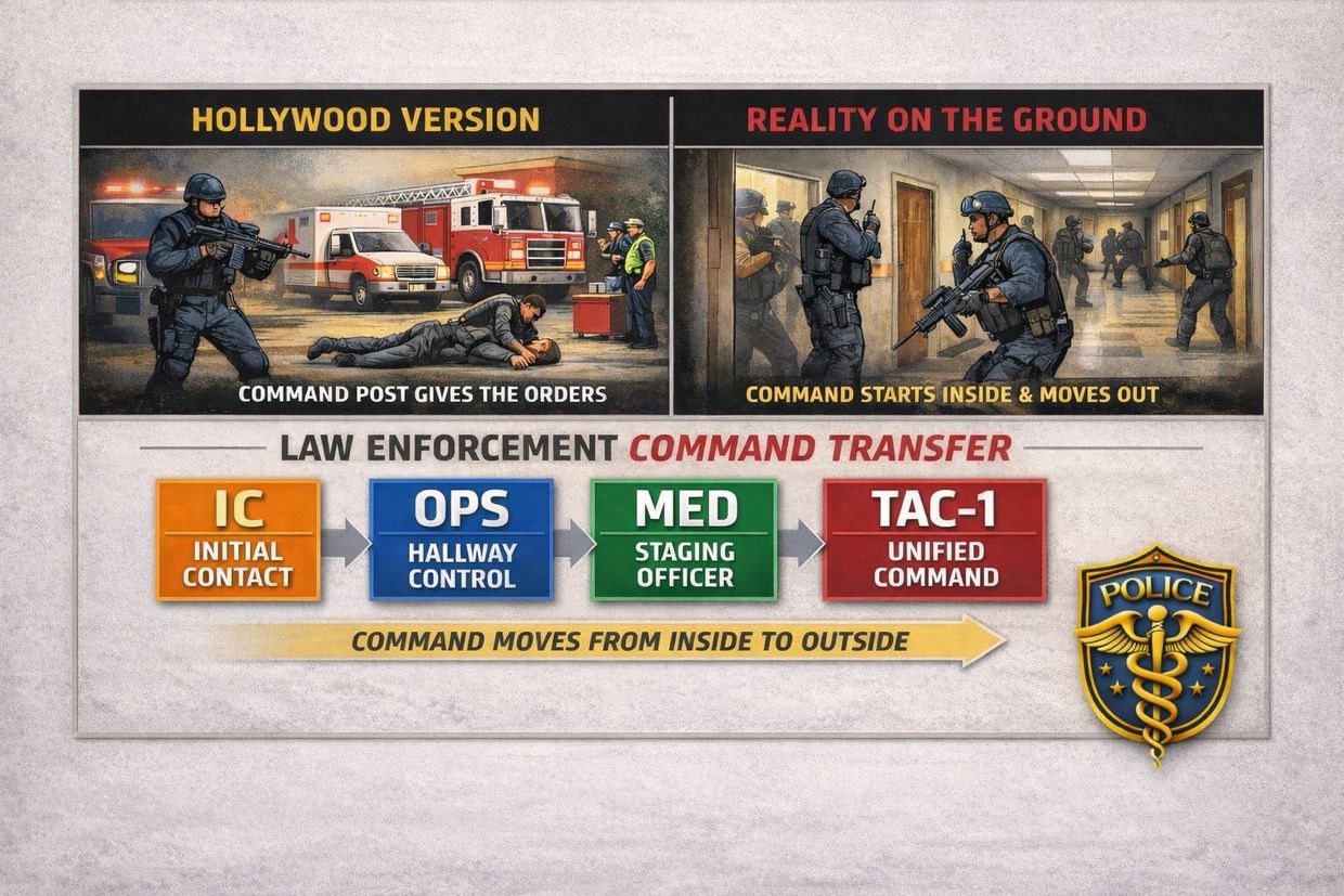 Comparison of Hollywood vs real law enforcement command transfer during active situations.
